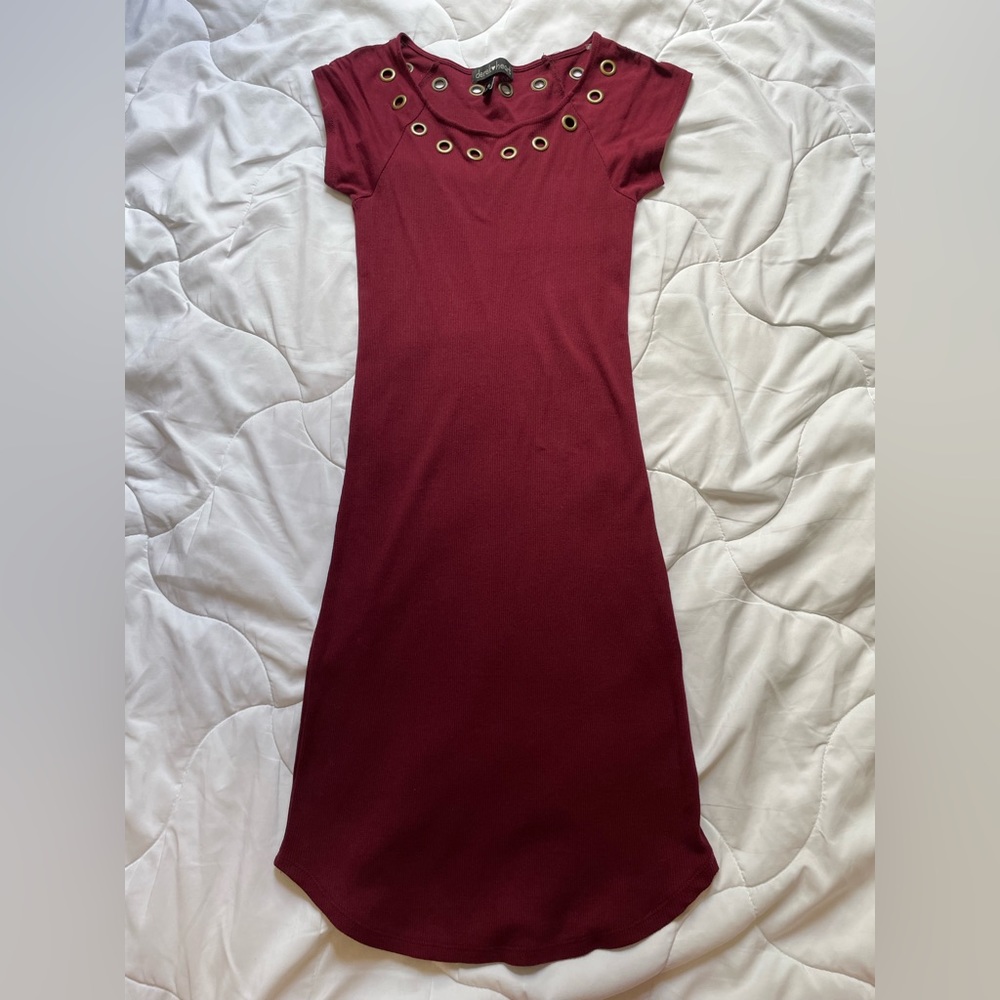 Maroon Ribbed Dress with Brass Ringed Neckline